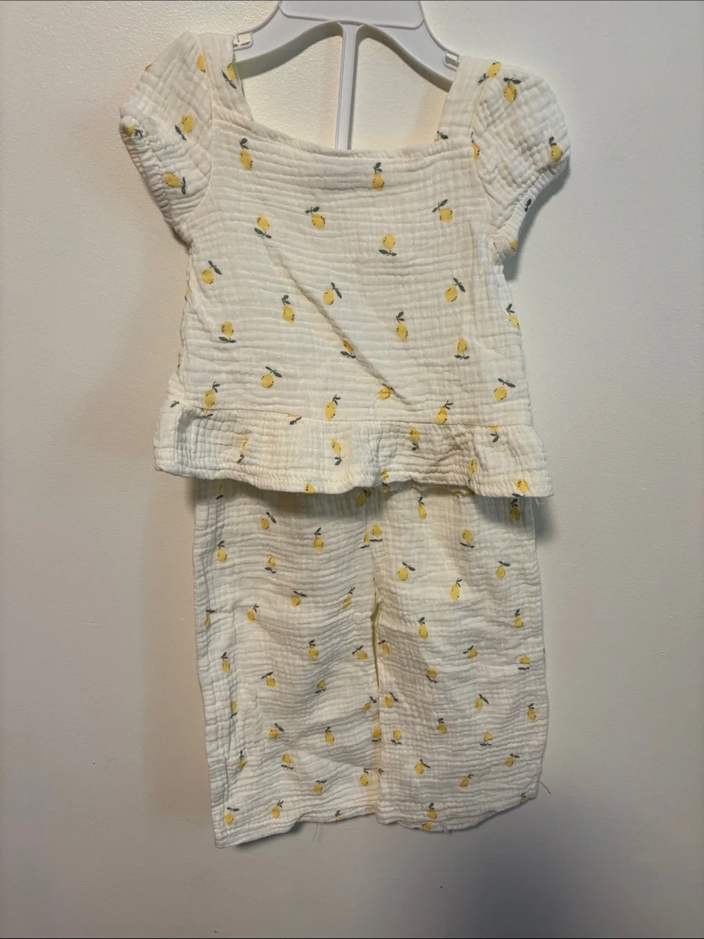 Girls White Lemon Print Matching Set - Short Sleeve Top & Pant
